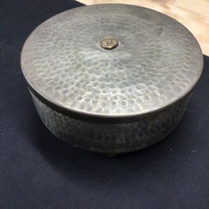 6 1/2 round metal hand hammered trunk moon trinket box with 4 round feet